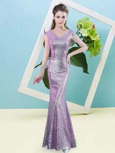 Great Lilac Zipper V-neck Sequins Prom Party Dress Sequined Cap Sleeves