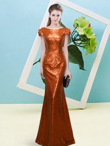 Eye-catching Rust Red Prom Evening Gown Prom and Party with Sequins Scoop Cap Sleeves Zipper