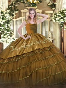 Ideal Brown Vestidos de Quinceanera Military Ball and Sweet 16 and Quinceanera with Embroidery and Ruffled Layers Straps Sleeveless Zipper
