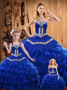 Fabulous Blue Quinceanera Gowns Military Ball and Sweet 16 and Quinceanera with Embroidery and Ruffled Layers Sweetheart Sleeveless Lace Up