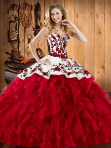 Fashion Wine Red Ball Gowns Satin and Organza Sweetheart Sleeveless Embroidery and Ruffles Floor Length Lace Up Sweet 16 Quinceanera Dress