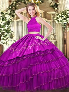 Floor Length Backless Quinceanera Dresses Fuchsia for Military Ball and Sweet 16 and Quinceanera with Beading and Embroidery and Ruffled Layers