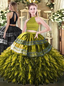Suitable Olive Green Halter Top Neckline Beading and Embroidery and Ruffles Vestidos de Quinceanera Sleeveless Backless