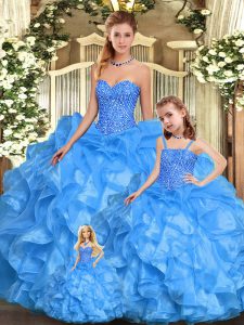 Sleeveless Floor Length Beading and Ruffles Lace Up Sweet 16 Dress with Baby Blue