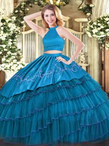 Teal Sleeveless Organza Backless Quinceanera Gowns for Military Ball and Sweet 16 and Quinceanera