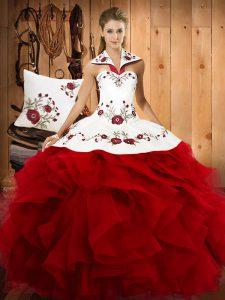 Pretty Ball Gowns Sweet 16 Dresses Wine Red Halter Top Satin and Organza Sleeveless Floor Length Lace Up
