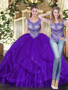 New Arrival Purple Ball Gowns Scoop Sleeveless Tulle Floor Length Lace Up Beading and Ruffles Ball Gown Prom Dress
