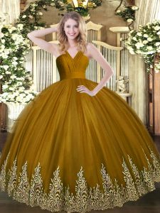 Glorious Brown Tulle Zipper V-neck Sleeveless Floor Length Sweet 16 Quinceanera Dress Appliques