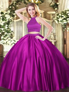 Fuchsia Ball Gowns Halter Top Sleeveless Tulle Floor Length Backless Beading Quinceanera Gowns