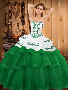 Beautiful Green Ball Gowns Strapless Sleeveless Tulle Sweep Train Lace Up Embroidery and Ruffled Layers Quince Ball Gowns