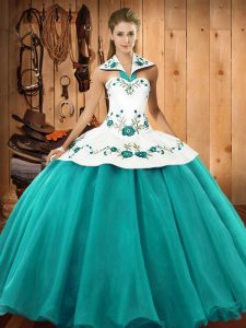 Turquoise Sleeveless Embroidery Floor Length 15th Birthday Dress