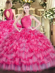 Floor Length Zipper Quinceanera Gowns Hot Pink for Military Ball and Sweet 16 and Quinceanera with Lace and Ruffled Layers