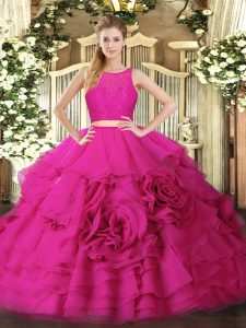 Extravagant Hot Pink Zipper 15th Birthday Dress Ruffles Sleeveless Floor Length