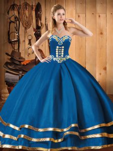 Blue Ball Gowns Embroidery Quinceanera Dress Lace Up Organza Sleeveless Floor Length