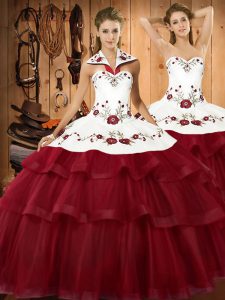 White And Red Sleeveless Sweep Train Embroidery and Ruffled Layers Quinceanera Gowns