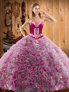 Satin and Fabric With Rolling Flowers Sweetheart Sleeveless Sweep Train Lace Up Embroidery Sweet 16 Dresses in Multi-color