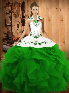 Romantic Green Tulle Lace Up Quince Ball Gowns Sleeveless Floor Length Embroidery and Ruffles