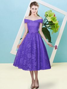 Superior Lavender Lace Lace Up Quinceanera Dama Dress Cap Sleeves Tea Length Bowknot