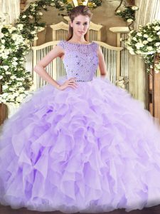 Chic Tulle Bateau Sleeveless Zipper Beading and Ruffles Quinceanera Dress in Lavender