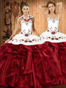 Fashionable Wine Red Organza Lace Up Sweet 16 Dress Sleeveless Floor Length Embroidery and Ruffles