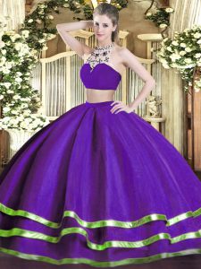 Dazzling Purple Two Pieces Tulle High-neck Sleeveless Beading Floor Length Backless Ball Gown Prom Dress