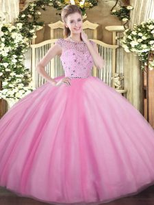 Superior Bateau Sleeveless Quinceanera Dress Floor Length Beading Rose Pink Tulle