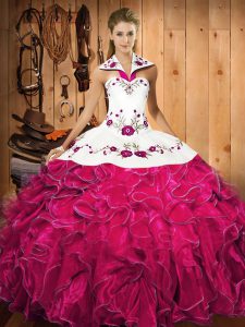 Wonderful Fuchsia Sleeveless Embroidery and Ruffles Floor Length Quinceanera Dress