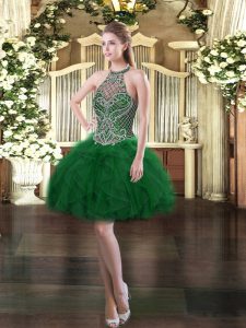 Tulle Halter Top Sleeveless Lace Up Beading and Ruffles Prom Party Dress in Dark Green