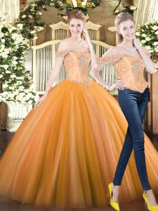 Tulle Off The Shoulder Sleeveless Lace Up Beading Sweet 16 Dresses in Orange Red