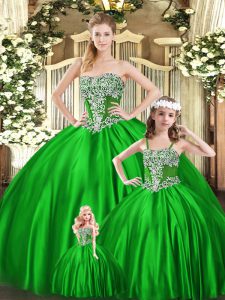 Green Sleeveless Floor Length Beading Lace Up Sweet 16 Dress