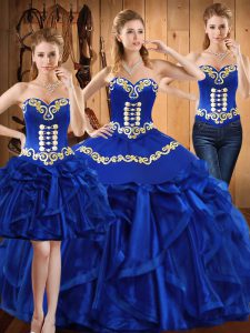 Unique Sleeveless Lace Up Floor Length Embroidery and Ruffles Ball Gown Prom Dress