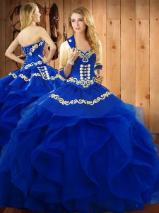 Fitting Floor Length Blue Quinceanera Dress Organza Sleeveless Embroidery and Ruffles
