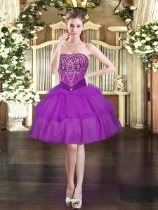Strapless Sleeveless Homecoming Dress Mini Length Beading and Ruffled Layers Purple Organza