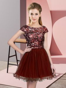 Trendy Wine Red Tulle Zipper Dama Dress Cap Sleeves Mini Length Sequins