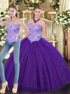Customized Purple Tulle Lace Up Sweetheart Sleeveless Floor Length Quince Ball Gowns Beading