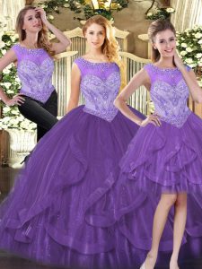 Customized Beading and Ruffles Quinceanera Dresses Purple Zipper Sleeveless Floor Length
