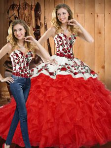 Custom Designed Red Tulle Lace Up 15th Birthday Dress Sleeveless Floor Length Embroidery and Ruffles