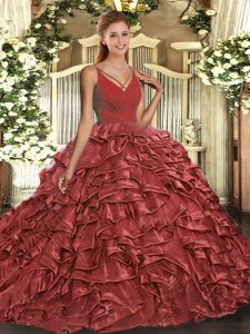 With Train Coral Red 15th Birthday Dress V-neck Sleeveless Sweep Train Backless