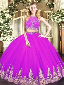 Flirting Floor Length Zipper Quinceanera Gowns Fuchsia for Military Ball and Sweet 16 and Quinceanera with Beading and Appliques