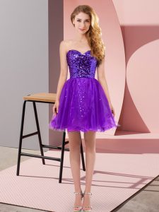 Nice Purple Tulle Zipper Sweetheart Sleeveless Mini Length Prom Dresses Sequins