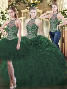 Superior Beading and Ruffles Quinceanera Dresses Dark Green Lace Up Sleeveless Floor Length