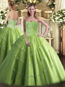Olive Green Quinceanera Gown Military Ball and Sweet 16 and Quinceanera with Beading Sweetheart Sleeveless Lace Up