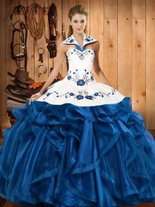 On Sale Blue Satin and Organza Lace Up Quince Ball Gowns Sleeveless Floor Length Embroidery and Ruffles