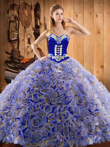 Nice Multi-color Ball Gowns Satin and Fabric With Rolling Flowers Sweetheart Sleeveless Embroidery With Train Lace Up Sweet 16 Quinceanera Dress Sweep Train