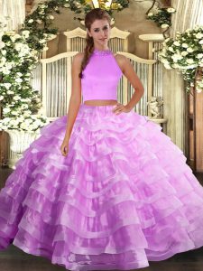 Custom Made Sleeveless Organza Floor Length Backless Quinceanera Dresses in Lilac with Beading and Ruffled Layers