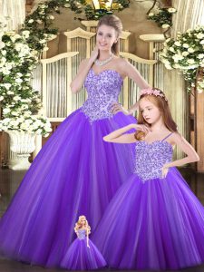 Fantastic Purple Tulle Lace Up Sweetheart Sleeveless Floor Length Quinceanera Dresses Beading