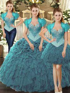 Best Sleeveless Floor Length Beading and Ruffles Lace Up 15th Birthday Dress with Teal