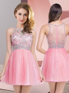 Rose Pink Scoop Zipper Beading Prom Gown Sleeveless