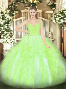 Glittering Yellow Green Zipper Spaghetti Straps Ruffles Ball Gown Prom Dress Organza Sleeveless