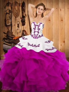Fuchsia Ball Gowns Embroidery and Ruffles Quinceanera Dress Lace Up Satin and Organza Sleeveless Floor Length